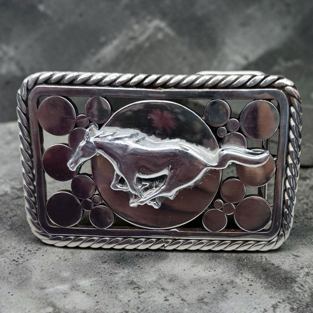 Vintage Chambers Belt Co Running Mustang Belt Buckle Silver Metal Braided Edges
